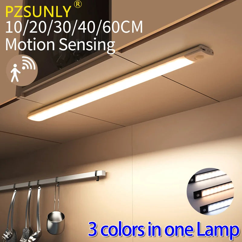 Cabinet Light USB Rechargeable Motion Sensor Led Three Colors in One Lamp for Kitchen Wardrobe Indoor Lighting 10/20/30/40/50Cm